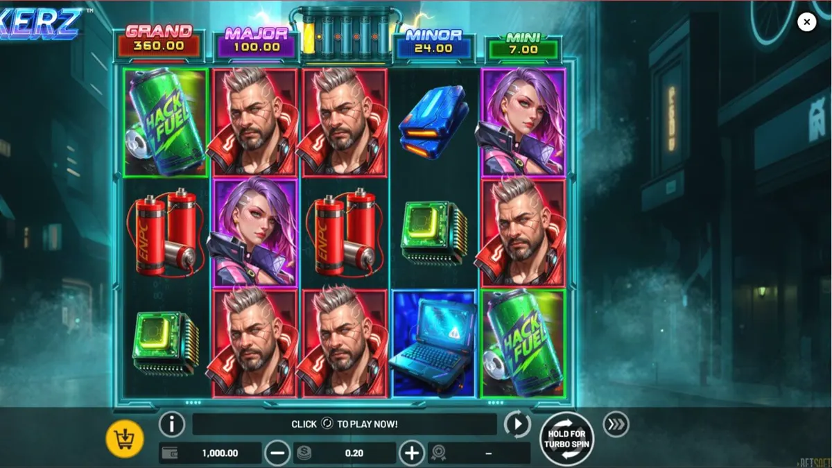 Interface do jogo de slot Breakerz com tema cyberpunk neon