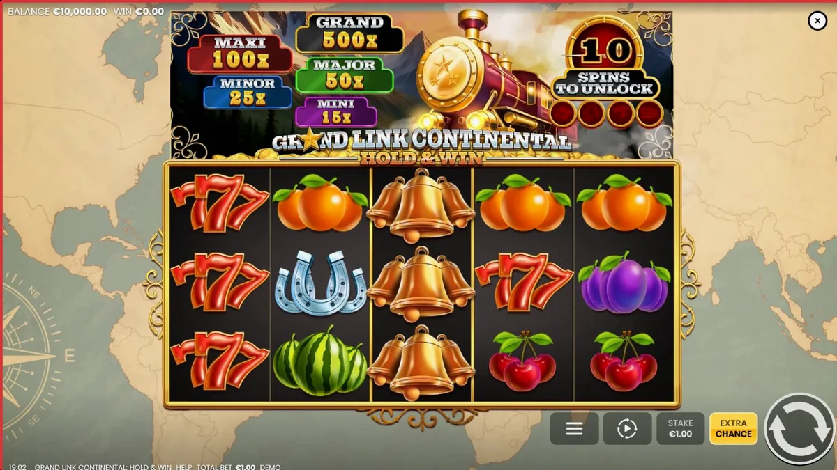 Interface do slot Grand Link Continental: Hold & Win com tema de trem vintage
